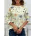 Women Floral Butterfly Print Round Neck Long Sleeve Casual T  Shirts