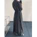 Solid Long Sleeve High Neck Pleated Casual Maxi Dress