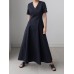 Solid Pocket Short Sleeve V  neck Swing Maxi Dress