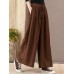 Women Casual Drawstring Waist Solid Color High Waist Wide Leg Pants With Pocket