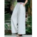 Women Contrast Frog Button Design Elastic Waist Casual Wide Leg Pants With Pocket