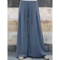 Women Brief Style Solid Color Pleated Mid Waist Loose Wide Leg Pants