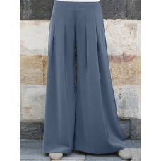 Women Brief Style Solid Color Pleated Mid Waist Loose Wide Leg Pants