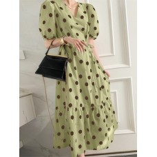 Polka Dot Print Half Sleeve V  neck Puff Drawstring Dress