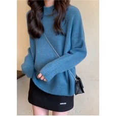 For Spring blue sweater tops high neck plus size knit sweat tops