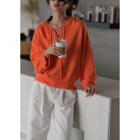 Fashion  orange knitted blouse oversized hooded drawstring knitted tops