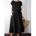 Solid Color Short Sleeve O  neck Knotted Cotton Dress