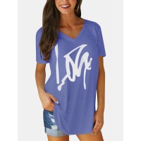 Letter Print V  neck Short Sleeve Irregular Hem Causal T  shirts