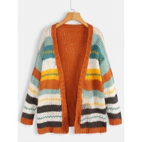 Women Casual Striped Color  Block Sweater Cardigans