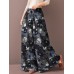 Women Color Printing Casual Drawstring Wide Leg Pants With Pocket