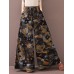 Women Color Printing Casual Drawstring Wide Leg Pants With Pocket