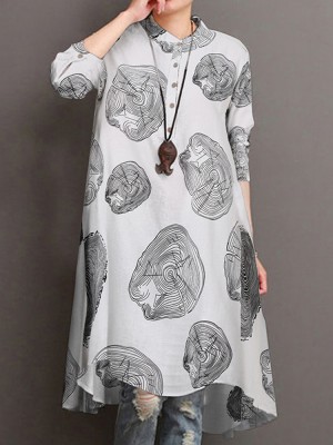 Women Cotton Tree Ring Floral Print Long Sleeve Button Down Casual Shirts Dress